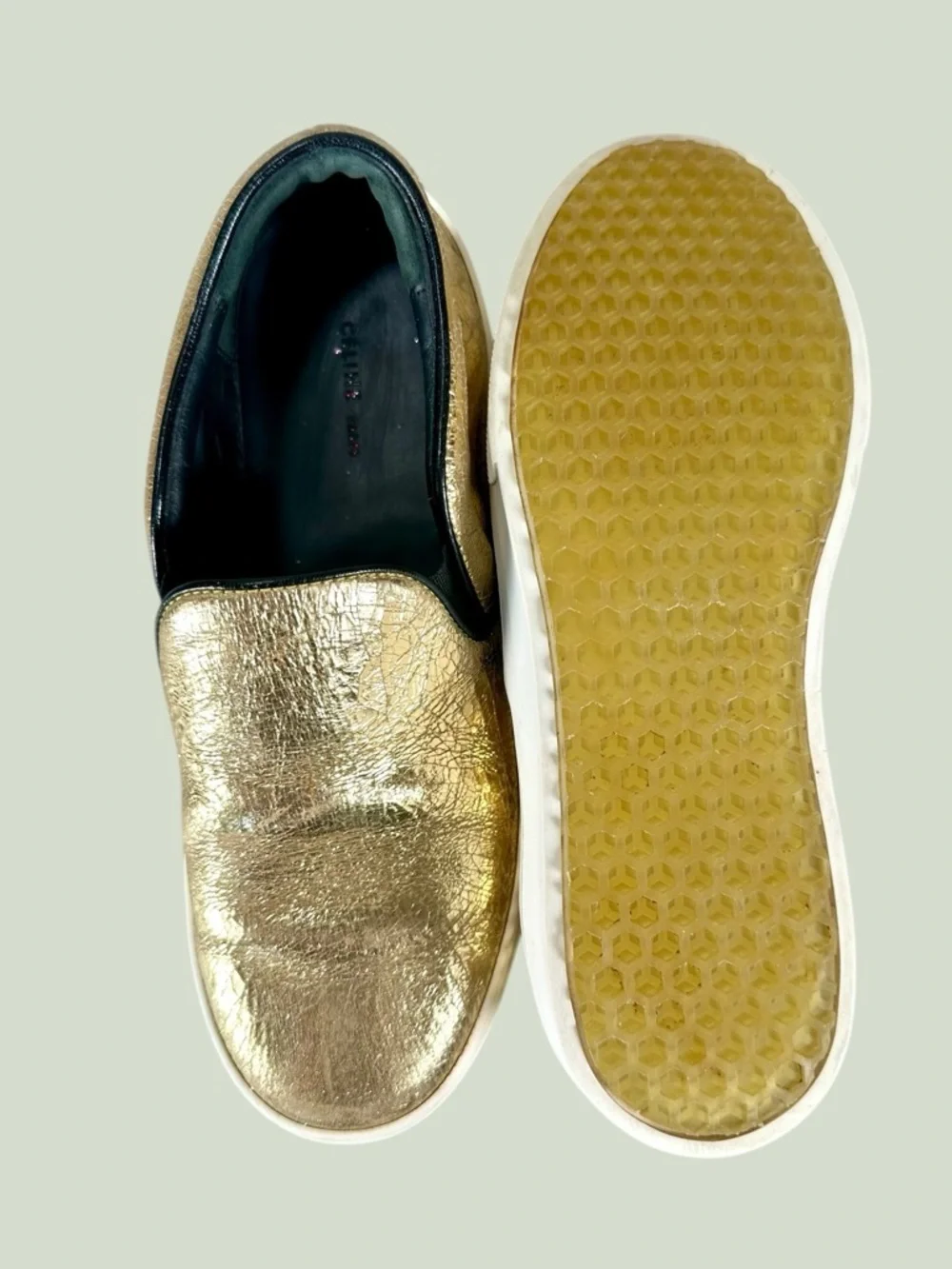 Celine Women’s Phoebe Philo Gold Metallic Crackle Leather Slip-On Sneakers - Picture 10 of 10